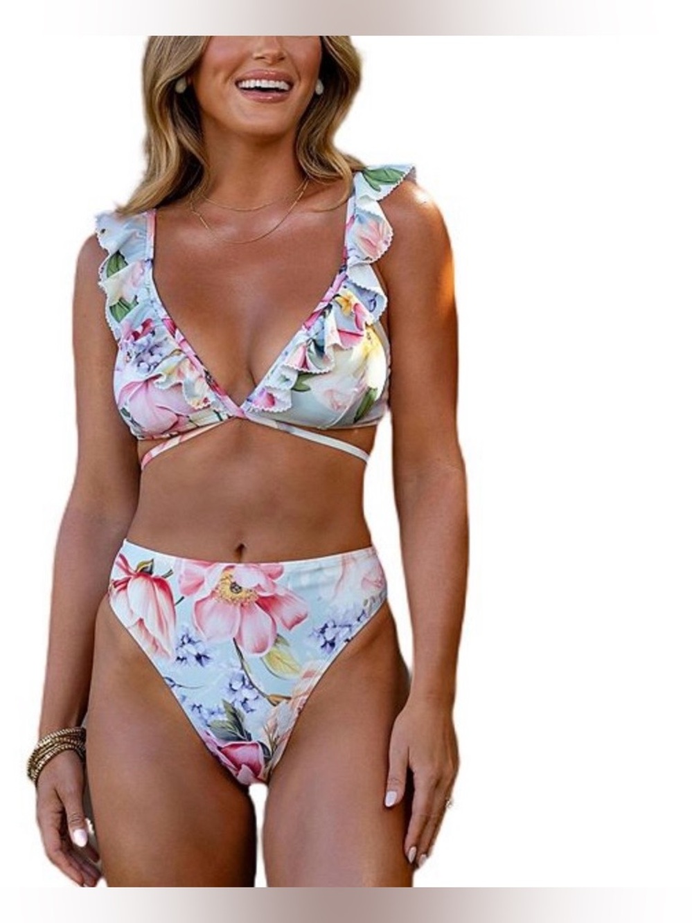 Cupshe Bikini in Floral Print w/Ruffle Trim Top&High Waist Cheeky Bottom; Sz. XL